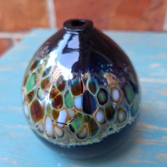 Hand Blown Glass Oil Lamp Orb or Bud Vase Artist Signed Mosaic Color Marble Ball - Picture 16 of 16